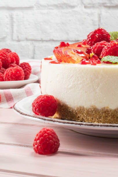 istock Cheesecake with fresh raspberries and plums 1266679796