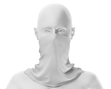 Maqueta de polaina de cuello blanco Con maniquí blanco, cuello de tela en blanco a prueba de polvo 3d Renderizado aislado sobre fondo blanco photo