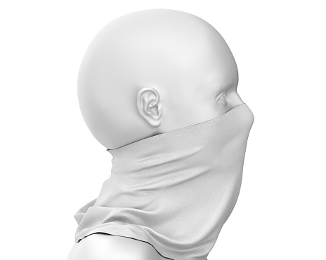 Maqueta de polaina de cuello blanco Con maniquí blanco, cuello de tela en blanco a prueba de polvo 3d Renderizado aislado sobre fondo blanco photo