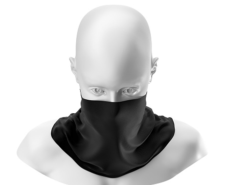 Maqueta de polaina de cuello negro con maniquí blanco, cuello de tela oscura a prueba de polvo 3d Renderizado aislado sobre fondo blanco photo