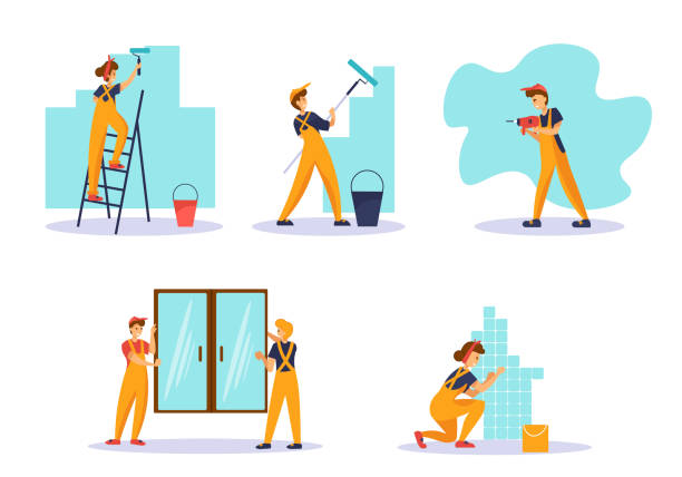 흰색에 노동자와 홈 수리 세트. 페인팅 벽, 드릴링, 타일 누워, 창 설치 - drill repairing installing home improvement stock illustrations