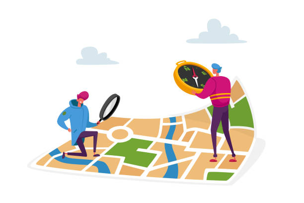 ilustraciones, imágenes clip art, dibujos animados e iconos de stock de personajes diminutos que se orientan en un enorme mapa de papel. hombres con lupa y brújula buscando camino correcto en ciudad extranjera - orienteering