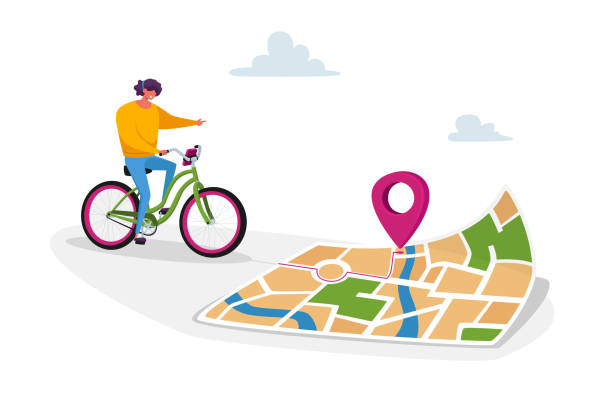 자전거를 타는 여성 캐릭터는 대도시에서 올바른 방법을 찾기 위해 지도 스마트 폰 응용 프로그램을 사용합니다. 자전거 gps 지오위치 - 내비게이션 일러스트 stock illustrations