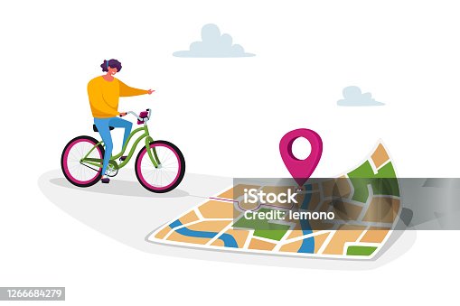 istock Female Character Riding Bike Use Map Smartphone Application to Finding Correct Way in Big City. Bicycle Gps Geolocation 1266684279