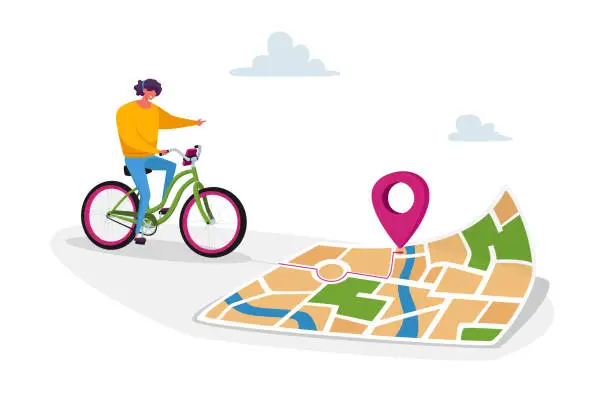 Vector illustration of Female Character Riding Bike Use Map Smartphone Application to Finding Correct Way in Big City. Bicycle Gps Geolocation