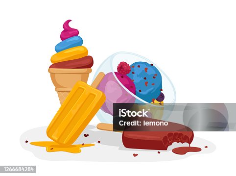 istock Ice Cream Sweet Dessert Balls in Glass Cup, Sundae Scoop Balls with Sprinkles, Chocolate Popsicle, Fruit Frozen Meal 1266684284