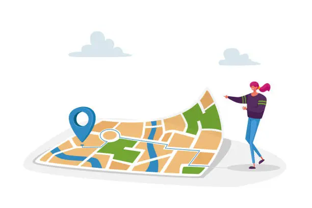 Vector illustration of Tiny Female Character Stand at Huge Paper Map with Gps Pin Finding Correct Way in City Satellite Geolocation Positioning