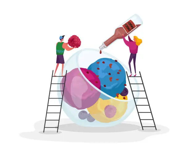 Vector illustration of Tiny Male and Female Characters on Ladders Decorate Huge Ice Cream with Choco Topping and Raspberry. Sweet Fruit Dessert