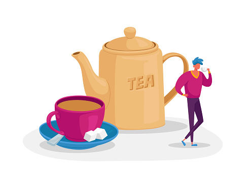 Tiny Man Stand at Huge Porcelain Cup with Saucer, Spoon and Cane Sugar Cubes and Teapot. Male Character Drinking Tea, Still-life, Refreshment and Hospitality Concept. Cartoon Vector Illustration