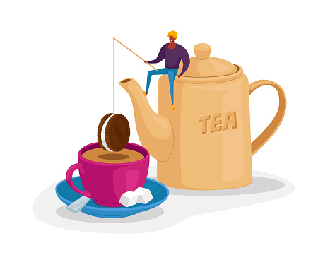 Tiny Male n Character Sitting on Huge Teapot Put Chocolate Cookie on Rod at Huge Cup with Tea, Sugar Cubes on Saucer. Hot Drink for Cold Season, Tea Drinking Concept. Cartoon Vector Illustration