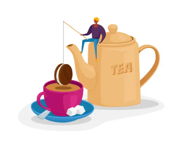 Vector illustration of Tiny Male n Character Sitting on Huge Teapot Put Chocolate Cookie on Rod at Huge Cup with Tea, Sugar Cubes on Saucer