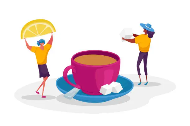 Vector illustration of Tiny Female Characters Drinking Hot Beverage in Cold Season Concept. Women Put Lemon Slice or Cane Sugar Cube to Cup
