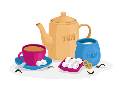 Tea Drinking Concept with Cup of Tea, Sugar Cubes and Spoon on Saucer, Jug with Milk, Sweet Bakery and Teapot Isolated on White Background. Hot Drink for Cold Season. Cartoon Vector Illustration