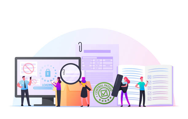 Control Concept. Tiny Characters with Document at Huge Computer Controlling Goods Quality. Internet Security Access Control Concept. Tiny Characters with Document and Magnifier at Huge Computer Controlling Goods Quality. Internet Security Access, Inventory Committee Checking Docs. Cartoon People Vector Illustration data catalog digital stock illustrations