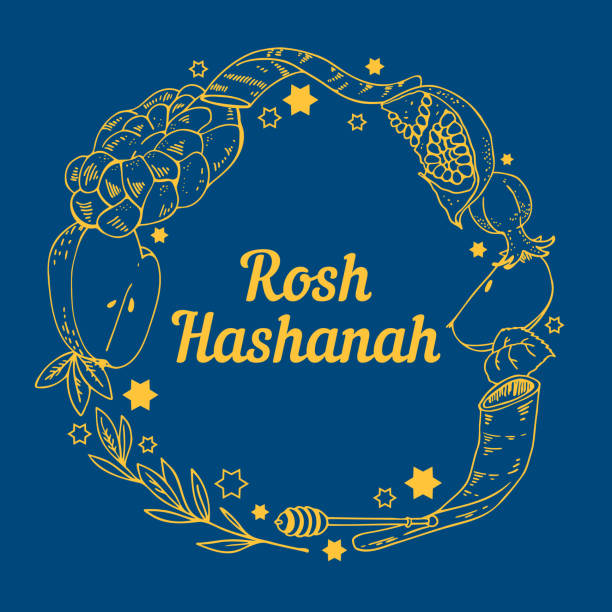 ilustraciones, imágenes clip art, dibujos animados e iconos de stock de año nuevo judío rosh hashanah marco redondo con objetos tradicionales. título en cabeza hebrea del año. ilustración de boceto vectorial dibujada a mano - rosh hashanah