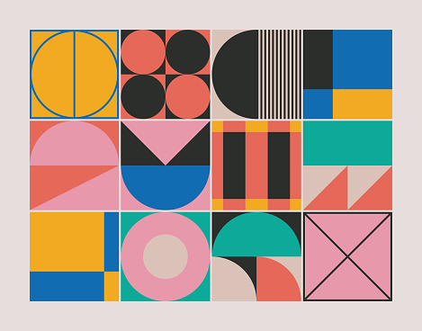 Abstract geometric pattern texture inspired by Bauhaus design style. Modern linear geometry composition artwork with simple vector shapes and basic forms, great for poster design and web presentation.