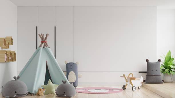 istock Mock up wall in the children's room in white wall background. 1266686253