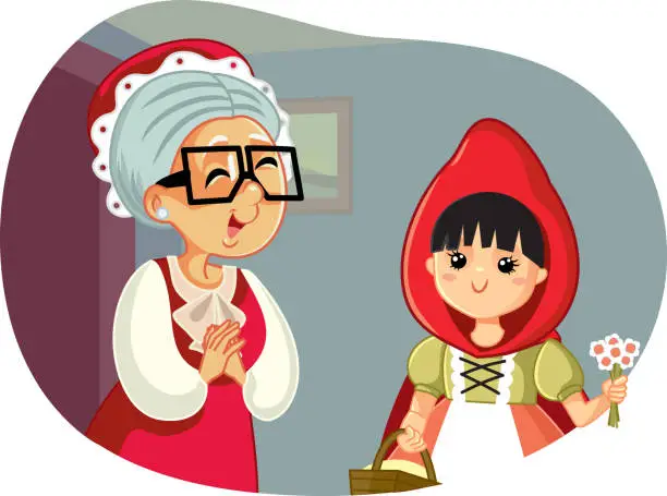 Vector illustration of Little Red Riding Hood Visiting Her Grandmother Vector Illustration