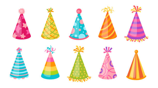 Birthday hat party cap set cartoon caps vector Birthday hat party cap flat set. Cartoon caps different patterns, colors. Traditional colorful cone paper hat collection. Funny anniversary, celebration carnival. Isolated vector illustration hat stock illustrations