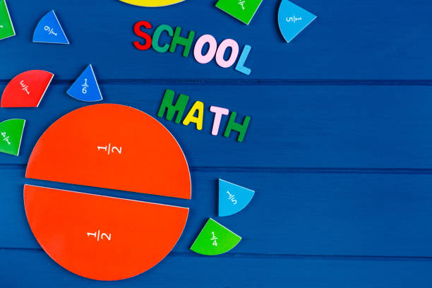istock Close up mathematical fractions and colorful letters on blue background. Creative, fun mathematics banner. Education, back to school concept 1266691714