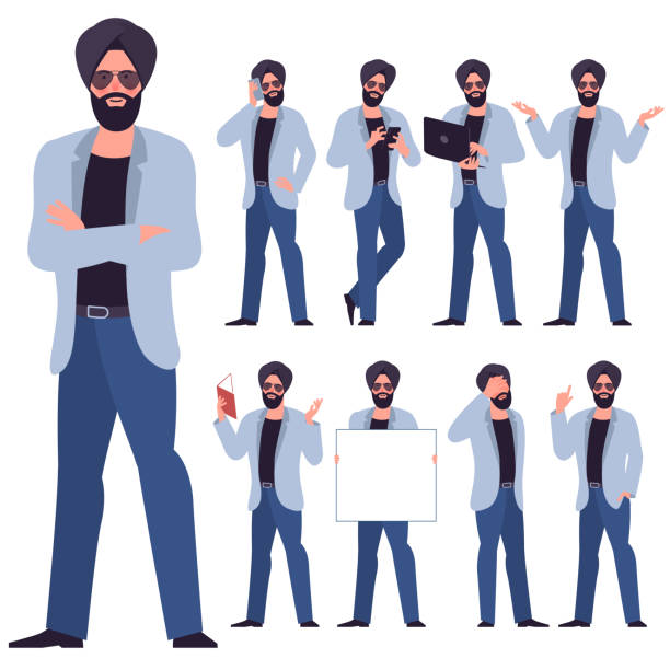flat design young man characters Set of flat design young indian sikh businessman characters. Various poses and gestures, everyday activities. Working, chatting, phonning, working and showing different emotions. turban stock illustrations