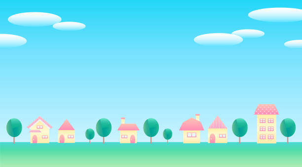 ilustrações, clipart, desenhos animados e ícones de paisagem com casas e árvores - residential district backgrounds beauty blue