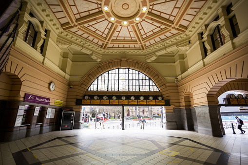 A view of the near empty Flinders Street Station during COVID-19 in Melbourne, Australia. Stage 4 restrictions continue in Melbourne as work permits come into effect at midnight today. This comes as a further 471 new COVID-19 cases were uncovered overnight.