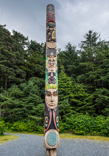 Centennial totem pole at the Sitka National Historic Park in Sitka, Alaska.