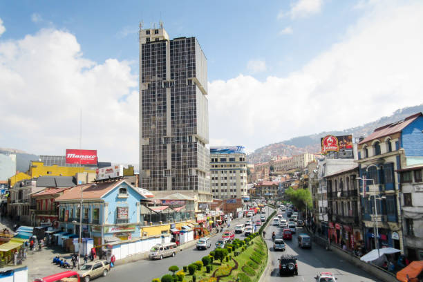 La Paz, Bolivia - Sep 19, 2016: Cityscape of La Paz downtown on the Ave. Perez Velasco. The Edificio de Col, a high-rise building, is seen on the left