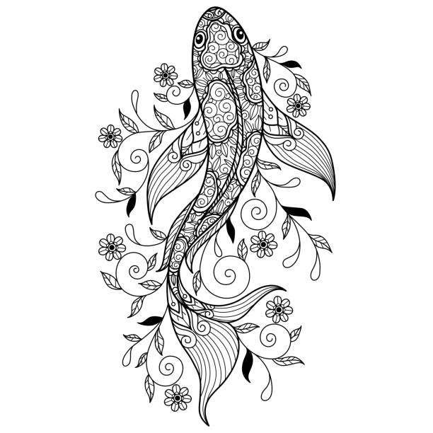 Zen doodle Koi fish tangles adult coloring page, Illustration  style. Hand drawn sketch illustration for adult coloring book vector was made in eps 10. coloring book page illlustration technique illustrations stock illustrations