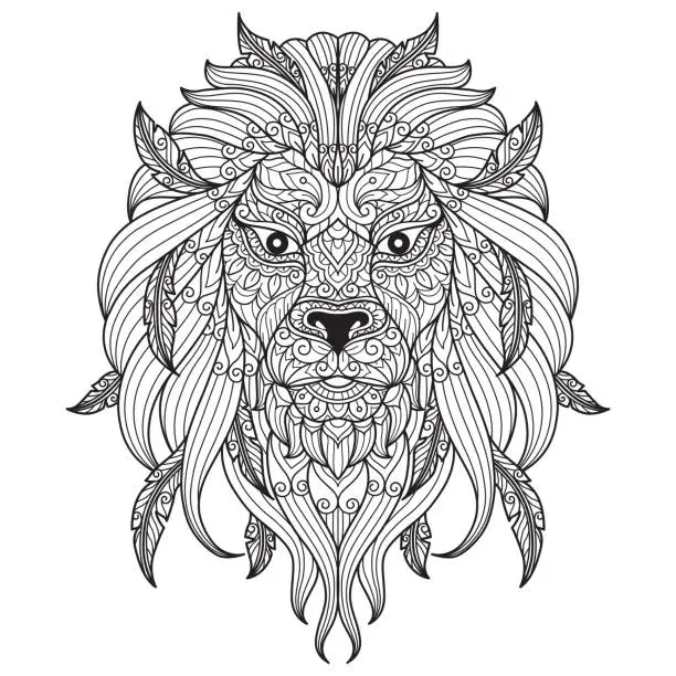 Vector illustration of Zen doodle Lion face tangles adult coloring page, Illustration  style.