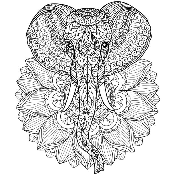 Zen doodleElephant and lotus flower tangles adult coloring page, Illustration style. Hand drawn sketch illustration for adult coloring book vector was made in eps 10. sketches of elephants background stock illustrations