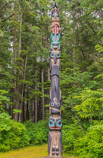 Vancouver, British Columbia, Canada - February 3, 2022. First Nations totem poles, carvings by Northwest Coast First Peoples. Museum of Anthropology, University of British Columbia (UBC)