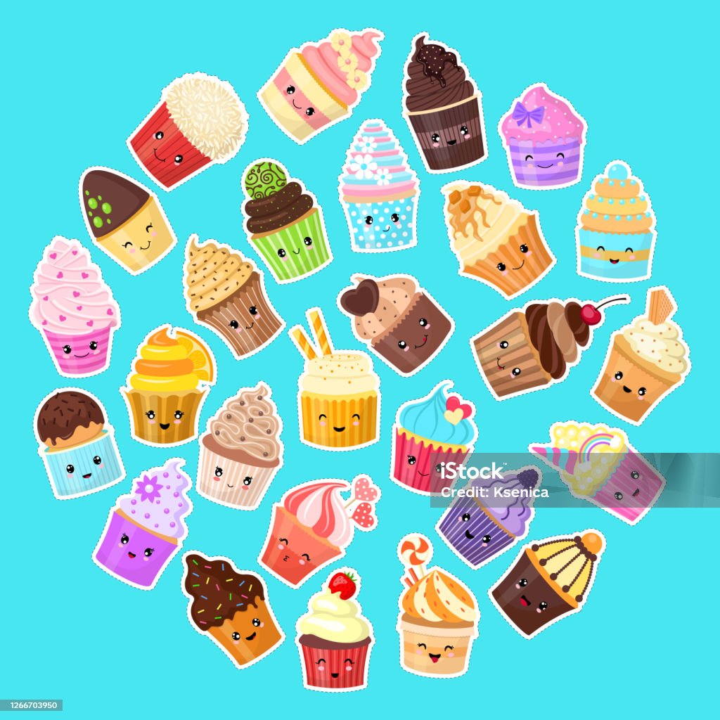 Set Of Cute Cartoon Cupcakes With Faces In The Style Of Kawaii Stock  Illustration - Download Image Now - iStock