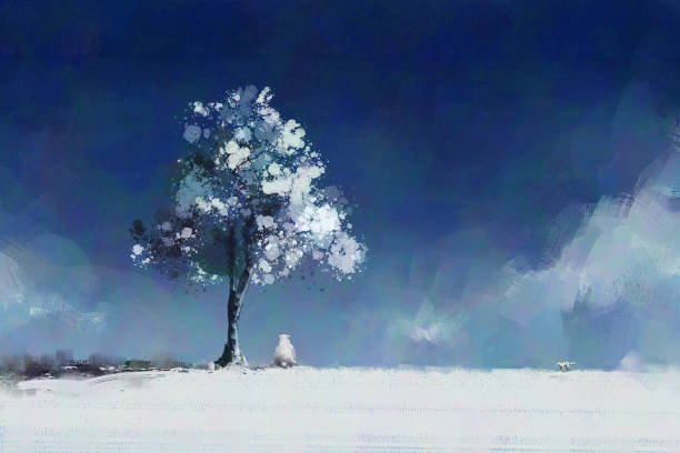 illustrations, cliparts, dessins animés et icônes de peinture d’art numérique de l’ours polaire et du renard blanc dans la neige, acrylique sur la texture de toile, illustration de conte - backgrounds canvas cold color image