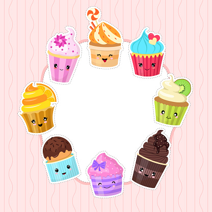Round Frame For Text Decorated With Cute Cartoon Cupcakes With Faces And  Eyes In The Style Of Kawaii Stock Illustration - Download Image Now - iStock