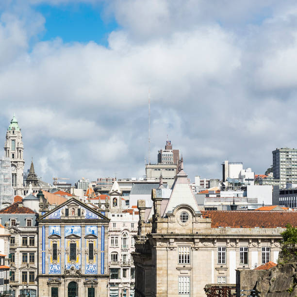 View of the historical centre of the city of Porto with traditional Portuguese facades decorated with ceramic tiles of azulejo
