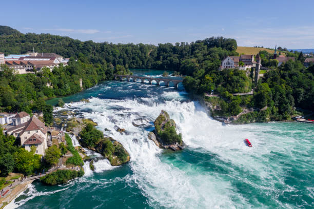 Rheinfalls Europe's largest waterfalls drone view swiss flag photos stock pictures, royalty-free photos & images