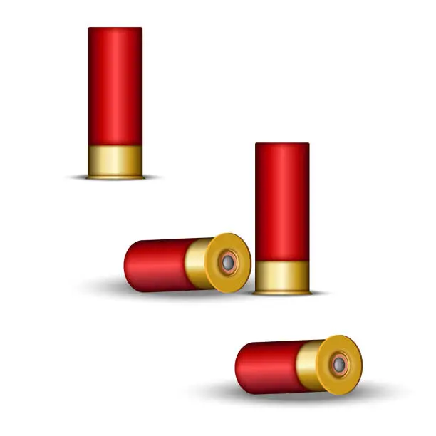 Vector illustration of Shotgun cartridge for hunting and skeet shooting, shotgun shells red case with capsule, realistic 3d vector model isolated on white