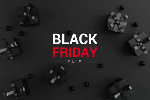 Black Friday Super Sale. Realistic black gifts boxes on black background. Banner poster, header website. 3d render.