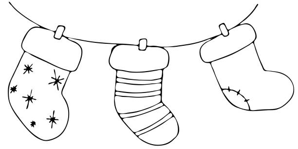 skarpetki świąteczne na prezenty w kształcie girlandy, kolorowanka, element wektorowy w stylu doodle - vector illustration and painting backgrounds sock stock illustrations