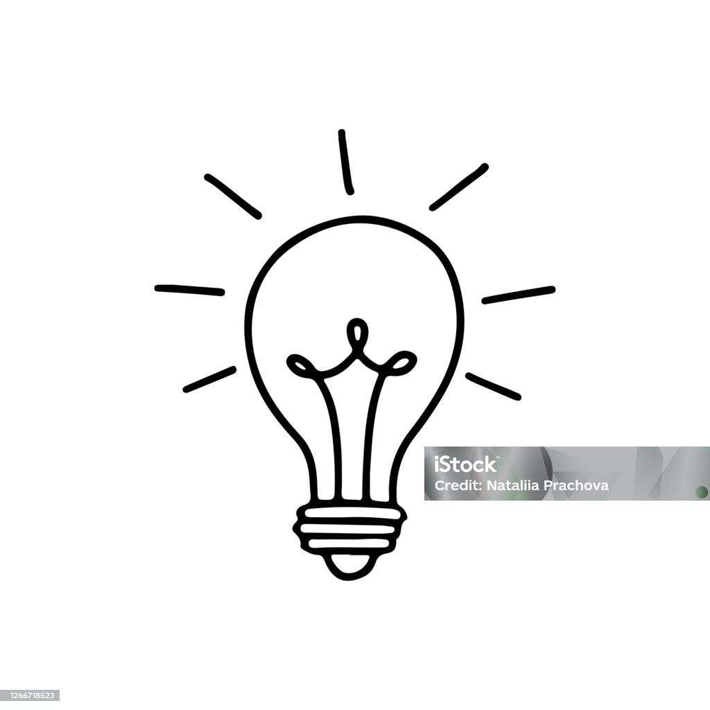 Light bulb with rays shine. Energy and idea symbol isolated on white background. Light bulb with rays shine. Energy and idea symbol isolated on white background. Hand drawn vector doodle lineart illustration. Design for greeting cards, patches, prints, badges, posters Light Bulb stock vector