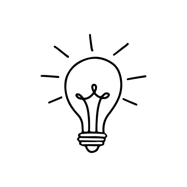 Light bulb with rays shine. Energy and idea symbol isolated on white background. Light bulb with rays shine. Energy and idea symbol isolated on white background. Hand drawn vector doodle lineart illustration. Design for greeting cards, patches, prints, badges, posters ideas stock illustrations