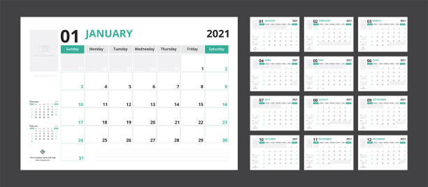 illustrazioni stock, clip art, cartoni animati e icone di tendenza di il programma di pianificazione del calendario 2021 impostato per la settimana di progettazione aziendale modello inizia la domenica. - calendario