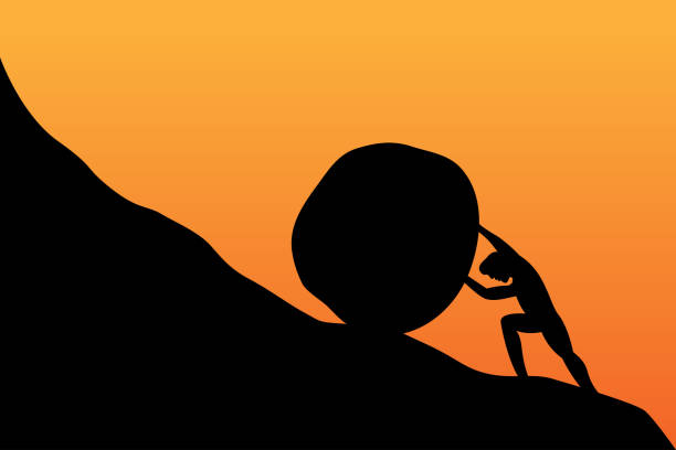 Silhouette of man push stone up to peak hill. Work hard and succeed concept. Vector illustration design. Silhouette of man push stone up to peak hill. Work hard and succeed concept. Vector illustration design. boulder rock stock illustrations