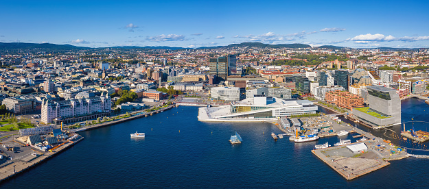 Oslo Cityscape Aerial Panorama in Summer. Drone point of view panorama over sunny Oslo Harbor Cityscape and Harbor Waterfront under a beautiful summer Sky. Oslo, Norway, Scandinavia