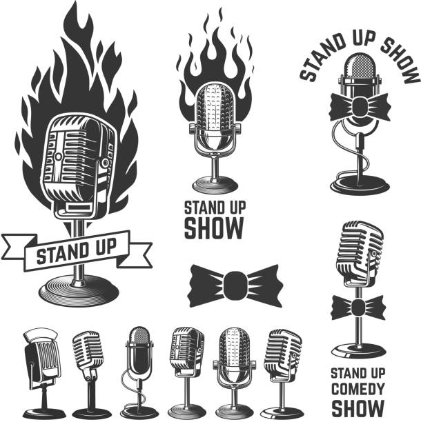 Stand up show. Set of emblems with retro microphones . Design element for label, sign, poster, t shirt. Vector illustration Stand up show. Set of emblems with retro microphones . Design element for label, sign, poster, t shirt. Vector illustration microphone stock illustrations