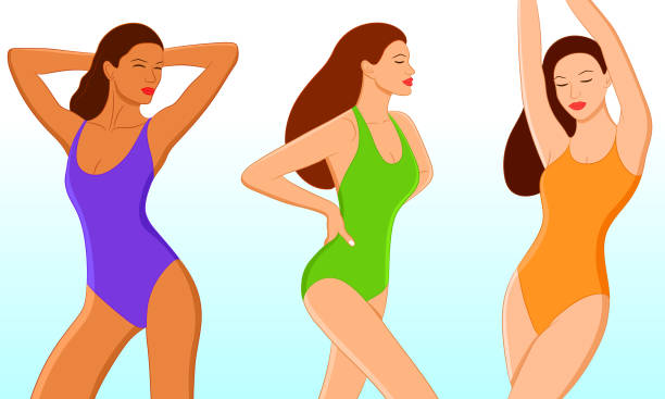 illustrations, cliparts, dessins animés et icônes de jeunes femmes sexy se détendant et s’étirant dans le maillot de bain sur la plage - the human body cartoon figurine characters