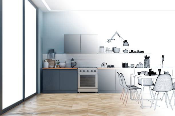 Modern kitchen and dining room half blueprint half 3D rendered image tock photo