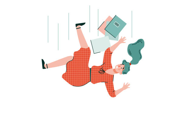 Woman falls down - cartoon isolated vector illustration. Shocked young woman with books is falling down. Accident, injury, dismissal from work or expulsion from an educational institution. Vector cartoon isolated illustration. school exclusion stock illustrations